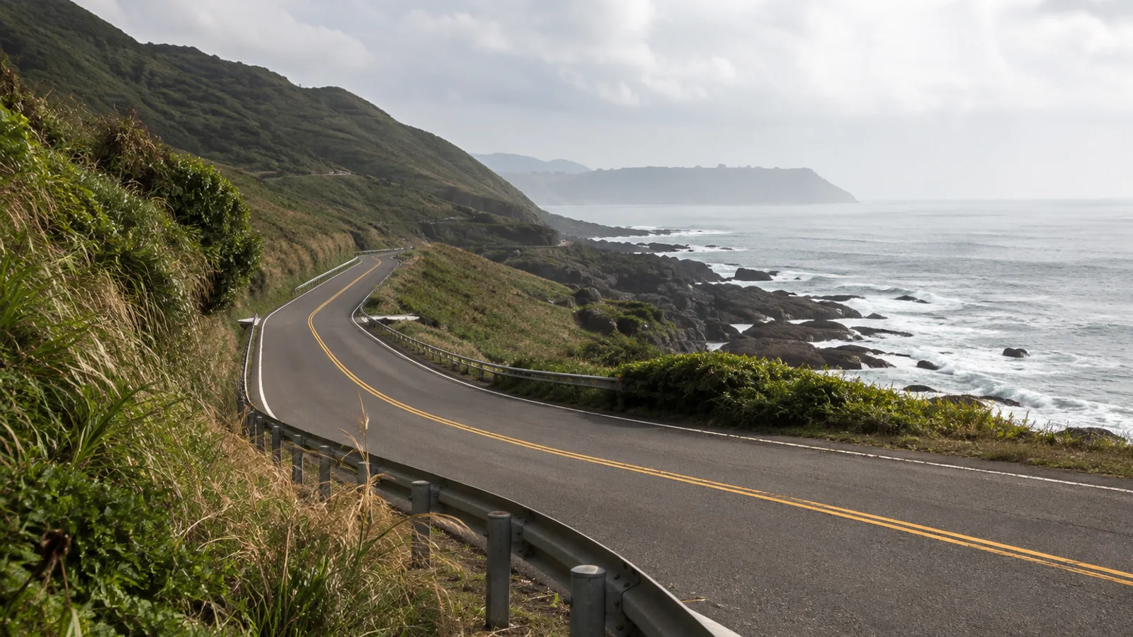 北海岸礁石、濱海草木與海岸道路的攝影風格情境影像，非特定路段實拍